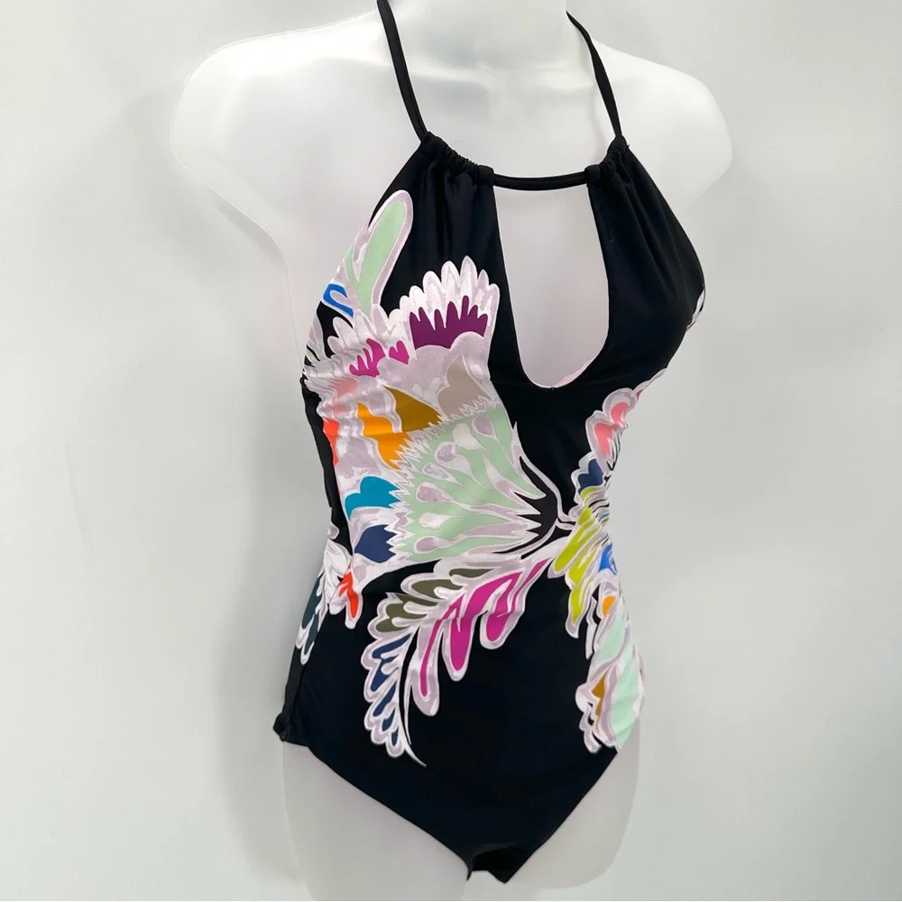 Trina Turk Swimsuit Seychelles Print Black No Size Tag Halter 1 Pc Low Back READ